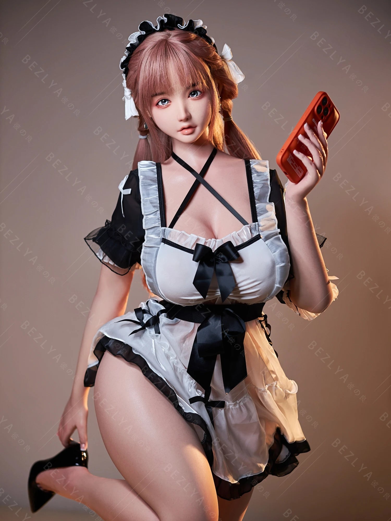 F7138-155cm(5.12ft)-34.5kg 2.1 I Cup Pink Twin Tails Maid Style Japanese Silicone Japanese Cosplay Sex Doll With 3 Love Holes Young Sex Doll|Bezlya Doll